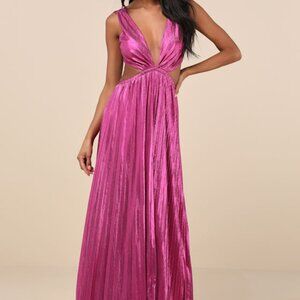 Lulus Shining Luxury Magenta Metallic Lurex Cutout Maxi Dress Pink - Size S